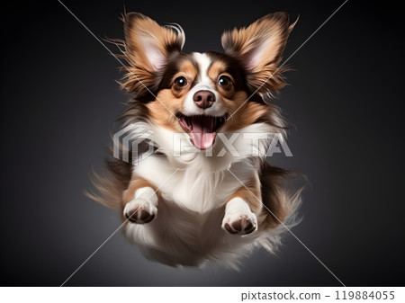 A playful, energetic dog leaps toward the camera with fluffy fur and wide, expressive eyes, captured mid-jump against a dark background. Its tongue hangs out happily. A playful, energetic dog leaps toward the camera with fluffy fur and wide, expressive eyes, captured mid-jump against a dark background. Its tongue hangs out happily. 119884055
