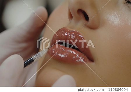 Close-up of cosmetic lip augmentation procedure with dermal filler injection. National Beautician Day 119884094