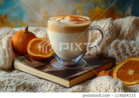 Cozy autumn setup with cappuccino, oranges, and warm knitted blanket 119884133