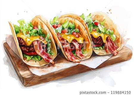 Delicious watercolor tacos with bacon and cheese on wooden board 119884150