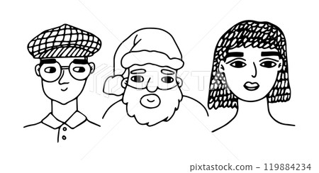 Sketch line black white hand drawn faces or heads drawings. Vector group of isolated illustration of 2 men and a woman on white background. One man is trendy Santa 119884234