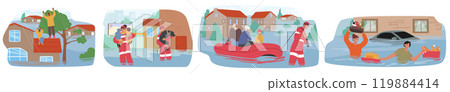 Flood Rescue Scenes Showing Emergency Responders And Civilians Helping Others In Flooded Neighborhoods 119884414