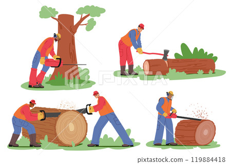 Workers Cut Trees And Logs With Chainsaws And Axes, Demonstrating The Logging Process. Various Stages Of Woodcutting 119884418
