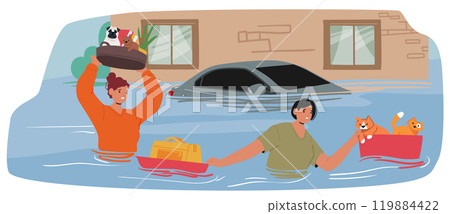Civilians Wade Through Deep Floodwaters, Saving Pets And Essential Belongings. People Protect Their Loved Ones 119884422