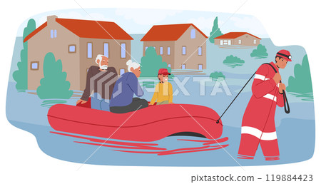 Rescue Personnel Guide Two Elderly Individuals And Kid To Safety In An Inflatable Boat Through Floodwaters 119884423