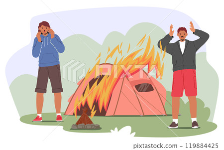 Two Campers React With Shock And Panic As Their Tent Catches Fire, Showing The Dangers Of Unattended Campfires 119884425