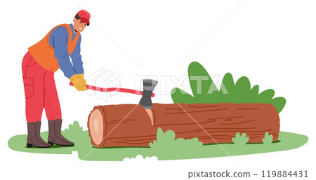 Worker Chops A Log With An Axe, Demonstrating Traditional Woodcutting Methods. Scene Highlights Physical Labor Worker Chops A Log With An Axe, Demonstrating Traditional Woodcutting Methods. Scene Highlights Physical Labor 119884431
