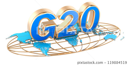 G20 on the Earth map. G20 meeting concept, 3D rendering 119884519