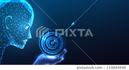AI assistance for goals achievement concept with robotic head holding target on dark blue background 119884690