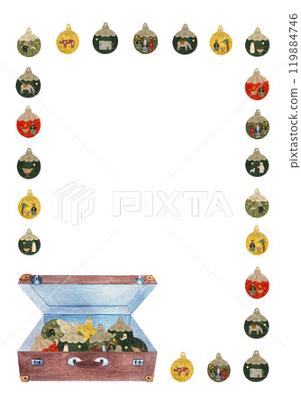 Christmas tree decorative balls and a vintage suitcase vertical frame isolated on white in watercolor. Illustration for posters, cards, stickers, posters, advent calendar, banner, New Year, stationary 119884746
