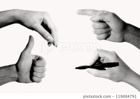 Set of halftone images of hands. Pop art retro style illustration Set of halftone images of hands. Pop art retro style illustration 119884791