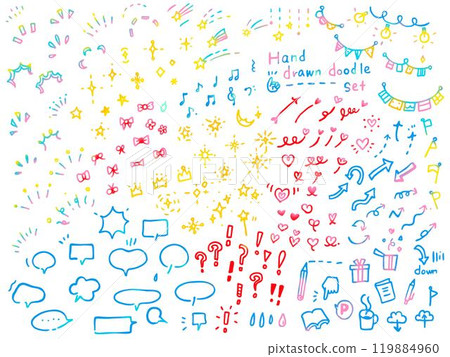 塗鴉手繪簡單柔和的彩色插圖集，可用於圖示和提醒。 119884960