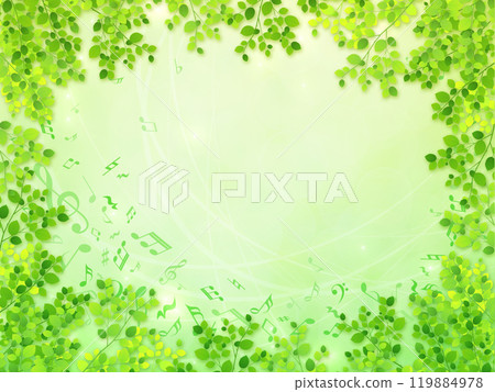 背景與新鮮的綠色植物和音符 背景與新鮮的綠色植物和音符 119884978