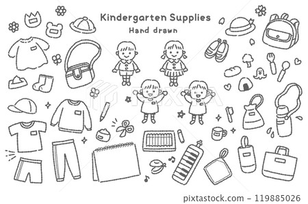 可愛手繪幼兒園用品男女通用線描 可愛手繪幼兒園用品男女通用線描 119885026