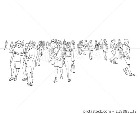 Crowd of Young and Old Tourist Walking and Standing Drawing 119885132