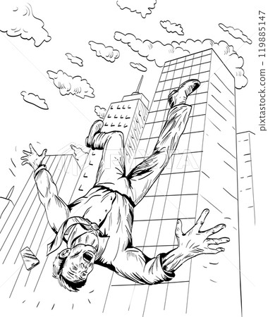 Male Office Worker Falling Off a Skyscraper Building Drawing Male Office Worker Falling Off a Skyscraper Building Drawing 119885147
