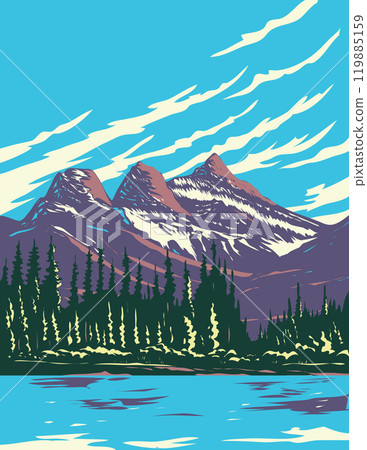 Three Sisters Mountain from Bow River near Banff Alberta Canada WPA Poster Art 119885159