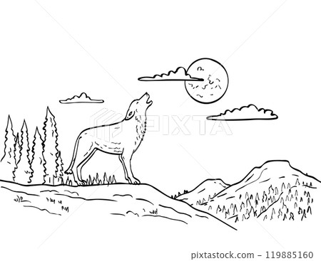 Wolf Howling at Moon Line Drawing Black and White Wolf Howling at Moon Line Drawing Black and White 119885160