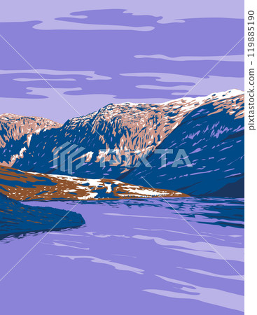 Salzkammergut Mountains on Lake Hallstatt Austria WPA Poster Art Salzkammergut Mountains on Lake Hallstatt Austria WPA Poster Art 119885190