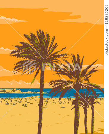 Palm Trees at Barceloneta Beach in Barcelona Spain WPA Poster Art Palm Trees at Barceloneta Beach in Barcelona Spain WPA Poster Art 119885205