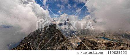 Panoramic Alpine View with Clouds and Snow-Capped Peaks 119885563