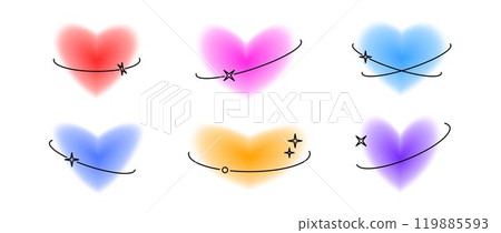 Y2k hearts with decor elements set. Colorful blurry aura shape collection. Blurred smooth gradient with line ellipses for logo, template, badge, sticker, collage, icon. Vector various heart pack 119885593