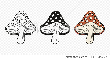 Flat Vector Hand Drawn Cartoon Fly Agaric Mushrooms Outline Illustration. Amanita Muscaria, Fly Agaric Illustration, Mushrooms. Magic Mushroom Icons, Design Template Flat Vector Hand Drawn Cartoon Fly Agaric Mushrooms Outline Illustration. Amanita Muscaria, Fly Agaric Illustration, Mushrooms. Magic Mushroom Icons, Design Template 119885724