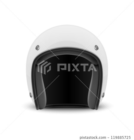 Vector 3d Realistic Blank White Glossy Classic Vintage Open-Face Motorbike Helmet Design Template for Mockup. Front View. Motorcycle Helmet Icon, Closeup, Isolated Vector 3d Realistic Blank White Glossy Classic Vintage Open-Face Motorbike Helmet Design Template for Mockup. Front View. Motorcycle Helmet Icon, Closeup, Isolated 119885725