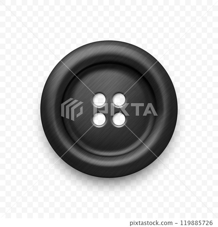 Black Color Metal Clothes Button with Four Holes, Isolated. Round Button Closeup, Front View. Design Template for Sewing, Fashion, Clothing Concept. Detailed Button Illustration for Craft Projects Black Color Metal Clothes Button with Four Holes, Isolated. Round Button Closeup, Front View. Design Template for Sewing, Fashion, Clothing Concept. Detailed Button Illustration for Craft Projects 119885726
