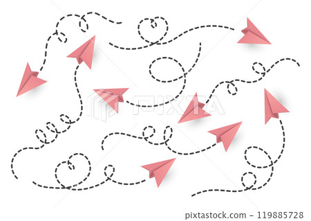 Vector Realistic Pink Paper Planes Collection. Paper Plane Icon Set. Heart Shaped Flying Paper Plane with Dotted Air Route. Green Paper Planes with Dotted Route Line Vector Realistic Pink Paper Planes Collection. Paper Plane Icon Set. Heart Shaped Flying Paper Plane with Dotted Air Route. Green Paper Planes with Dotted Route Line 119885728
