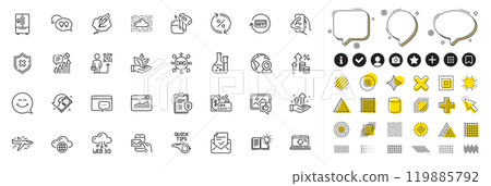 Set of Airplane, Loan percent and Like photo line icons for web app. Design elements, Social media icons. Organic product, Approved mail, Chemistry lab icons. Vector 119885792