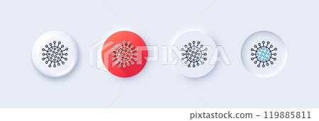 Coronavirus line icon. Neumorphic, Red gradient, 3d pin buttons. Covid-19 pandemic virus sign. Corona virus symbol. Line icons. Neumorphic buttons with outline signs. Vector Coronavirus line icon. Neumorphic, Red gradient, 3d pin buttons. Covid-19 pandemic virus sign. Corona virus symbol. Line icons. Neumorphic buttons with outline signs. Vector 119885811