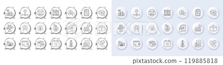 Fireworks explosion, Pie chart and Handbag line icons. White pin 3d buttons, chat bubbles icons. Pack of Approved checklist, Carry-on baggage, Vip parcel icon. Vector 119885818