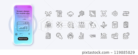 Triangle area, Methodology and Click here line icons for web app. Phone mockup gradient screen. Pack of Face detection, Web traffic, Project deadline pictogram icons. Vector 119885829