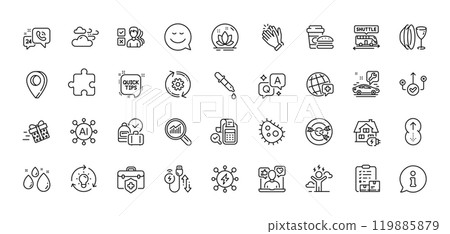 Shuttle bus, Quick tips and World medicine line icons pack. AI, Question and Answer, Map pin icons. Water drop, Inventory checklist, Info web icon. Vector 119885879