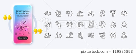 Volunteer, Cursor and Insomnia line icons for web app. Phone mockup gradient screen. Pack of Mental health, Employee benefits, Music pictogram icons. Vector 119885898