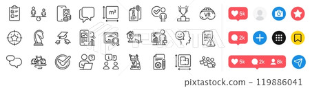 Checklist, Certificate and Teacher line icons pack. Social media icons. Online question, Interview, Vr web icon. Attached info, Talk bubble, Confirmed pictogram. Vector 119886041