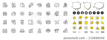 Set of Santa hat, Co2 and Mobile devices line icons for web app. Design elements, Social media icons. Verified locker, Paint roller, Passport warning icons. Vector 119886048