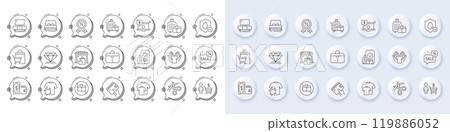 Clean t-shirt, Carry-on baggage and Buyer line icons. White pin 3d buttons, chat bubbles icons. Pack of Bed, Wallet, Hold t-shirt icon. Scissors, Baggage cart, Diamond pictogram. Vector 119886052