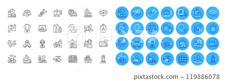 Destination flag, Medical helicopter and Shipping support line icons pack. Ship, Lighthouse, Passport web icon. Map, Gas cylinder, Hold box pictogram. Garage, Bicycle lockers, Handbag size. Vector 119886078