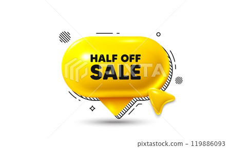 Click here speech bubble 3d icon. Half off sale. Special offer price sign. Advertising discounts symbol. Half off sale chat offer. Speech bubble banner. Text box balloon. Vector 119886093