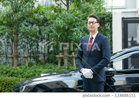 Driver standing in front of the car 119886151
