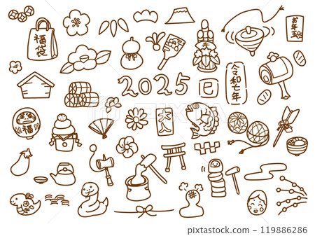 手繪新年插畫素材線描2025 手繪新年插畫素材線描2025 119886286