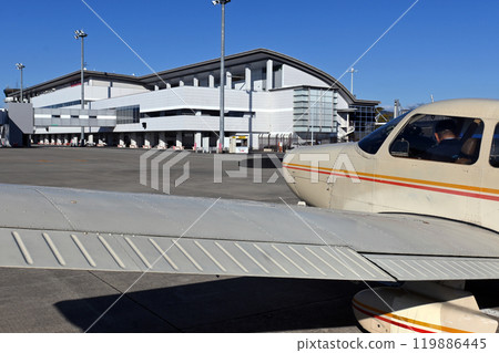 Fukushima Airport terminal as seen from the parking area 119886445