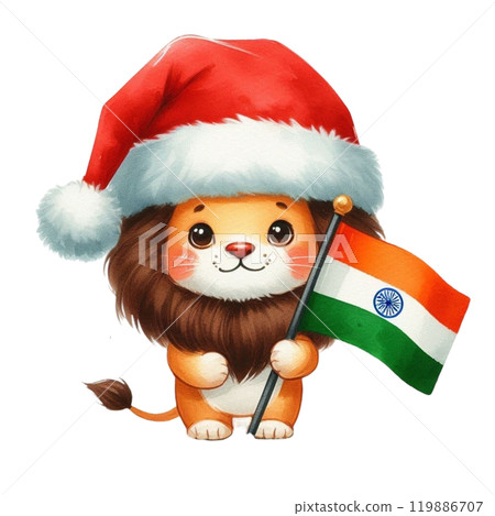 Animal Holding Flag of India Clipart Watercolor  119886707