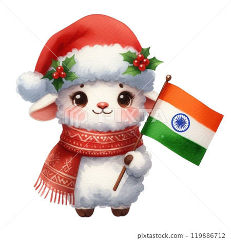 Animal Holding Flag of India Clipart Watercolor  119886712