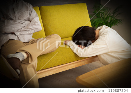 A middle-aged to senior couple arguing in the living room at home 119887204