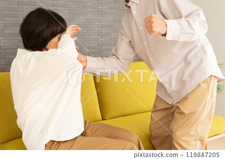 A middle-aged to senior couple arguing in the living room at home 119887205