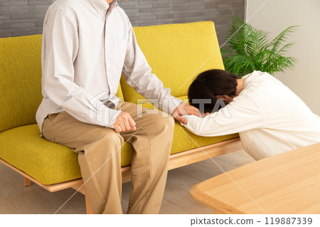 A middle-aged to senior couple arguing in the living room at home 119887339