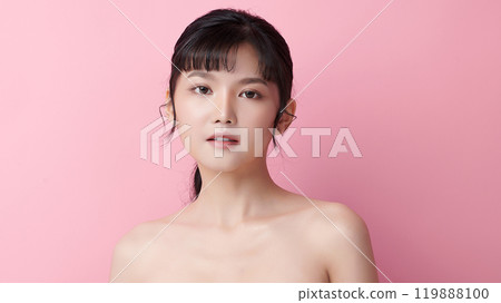 Beautiful young asian woman with clean fresh skin on pink background, Face care, Facial treatment, Cosmetology, beauty and spa, Asian women portrait. Beautiful young asian woman with clean fresh skin on pink background, Face care, Facial treatment, Cosmetology, beauty and spa, Asian women portrait. 119888100